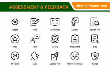 Poster - Assessment and Feedback icon pack. Includes rating stars, surveys, feedback forms, and assessment tools.
