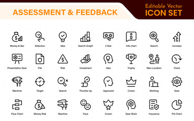 Poster - Assessment and Feedback icon pack. Includes rating stars, surveys, feedback forms, and assessment tools.