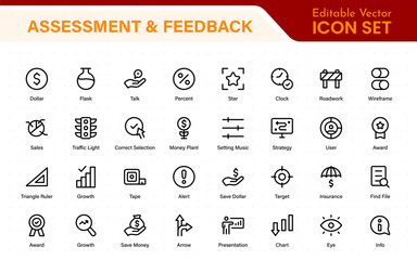 Poster - Assessment and Feedback icon pack. Includes rating stars, surveys, feedback forms, and assessment tools.