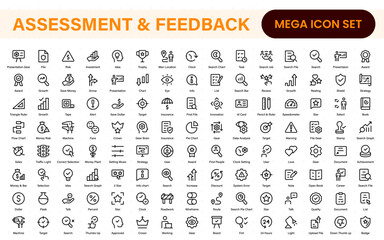 Poster - Assessment and Feedback icon pack. Includes rating stars, surveys, feedback forms, and assessment tools.