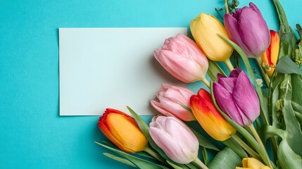 Aufkleber - Colorful tulips bouquet on light blue background