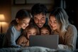 © k - Smiling family of five gathered closely around a laptop in a cozy dimly lit room, sharing a joyful moment together indoors