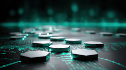 Fototapete - Digital hexagonal shapes connected by glowing lines in a futuristic setting