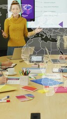 Poster - World map animation over diverse team having meeting in conference room