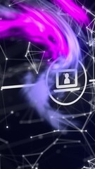 Poster - Animation of network of digital icons and purple light trails with connections