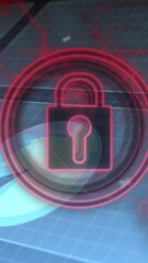 Poster - Animation of red padlock on digital grid with abstract shapes in background