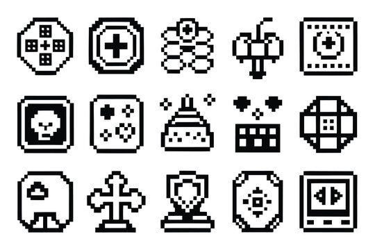 A grid of 20 distinct pixel art icons in a silhouette style