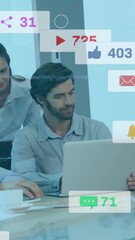 Poster - Collaborating in office, diverse team with social media notifications overlay animation