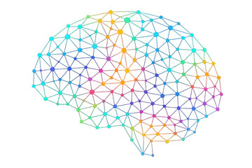 Poster - Geometric neural network brain silhouette displaying intricate digital connections, symbolizing advanced machine learning processing on transparent backdrop