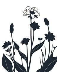 Poster - Elegant Botanical Illustration Featuring Silhouette Flowers and Buds on White Background