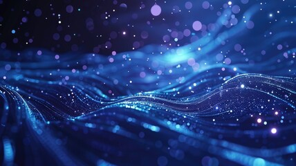 Fototapete - Abstract picture micro light sparkling particle represent data flow vivid flowing wave with high tech background, create digital effect scene perfect for energetic and fantasy wallpaper design. AIG53.