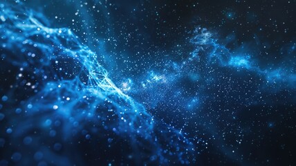 Poster - Abstract blue glowing wireframe waves on a dark background. Digital art for design of global connection with glowing blue dots and line connecting together. Global communication. Innovation. AIG53.