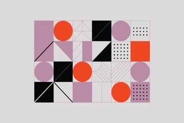 Poster - Abstract geometric pattern featuring circles squares and triangles in pastel and bright colors