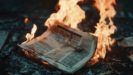 Poster - Burning newspaper in a dramatic fire scene showcasing destruction and the power of flames 4k video footage