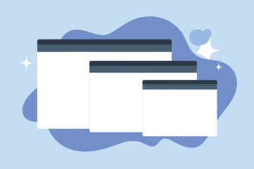 Poster - Three different sized windows with dark blue bars on a light blue background with sparkles around it