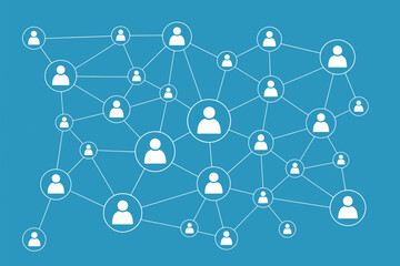 Poster - A network of interconnected people icons on a blue background representing social connections and communication