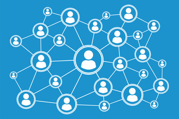 Poster - A blue background with a white network of connected people icons forming a complex social structure