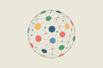 Poster - A stylized globe with colorful circles connected by lines on a light beige background is displayed