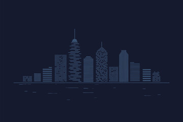 Poster - A minimalist cityscape silhouette featuring various buildings against a dark blue background design art