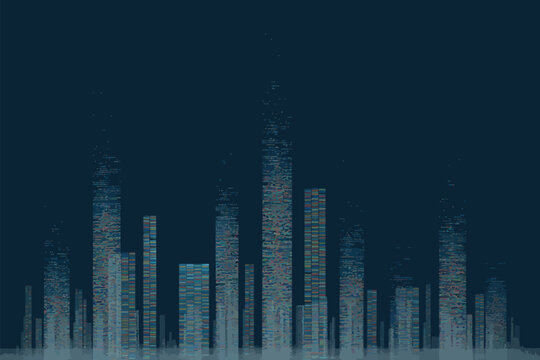 Abstract cityscape with tall buildings against a dark blue background creating a modern and artistic look