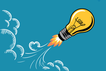 Poster - A lightbulb rocket ship launching with flame trail and cloud puffs on a blue background illustration
