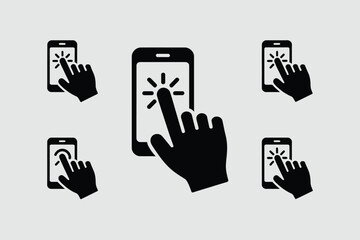 Poster - A collection of black smartphone icons with hand gestures on a gray background in a simple graphic style