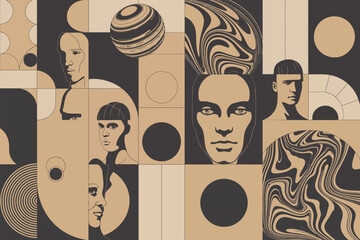 Poster - Abstract geometric art featuring human faces spheres and circles in a tan and black color palette