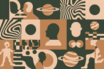 Poster - Abstract geometric pattern with human figures planets and swirling lines in earthy tones and dark green