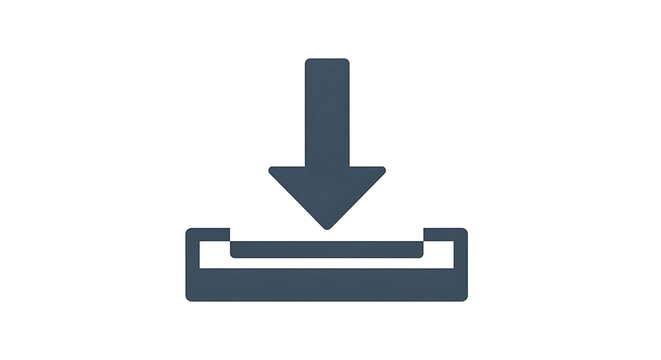 A simple dark blue download icon with an arrow pointing down into a rectangular box on white background ai generated