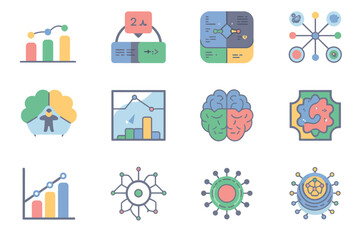Poster - A collection of twelve stylized icons representing data analysis and scientific concepts on white background