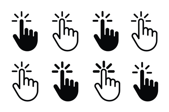 A set of eight hand cursor icons in black and white showing a finger pressing or pointing upwards