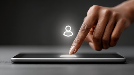 Poster - Hand tapping a user account icon on a tablet screen, highlighting user login or signup process