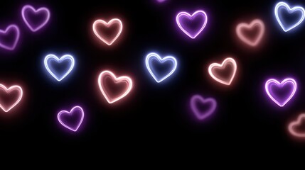 Poster - Heart backdrop with neon-style glowing hearts on a dark background, modern and vibrant for nightlife or dating apps.