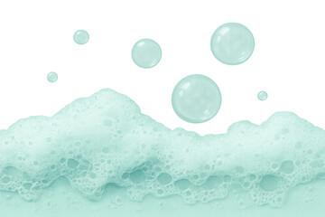 Poster - Soapy light teal bubbles drifting against transparent backdrop, representing cleansing freshness and personal hygiene concepts
