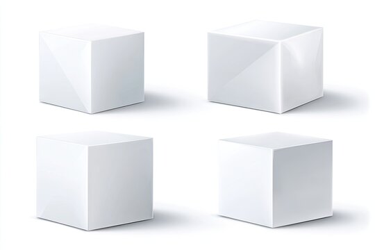 Four white, blank cubes arranged in a grid.  Each cube has subtle, angled shading, suggesting a three-dimensional form