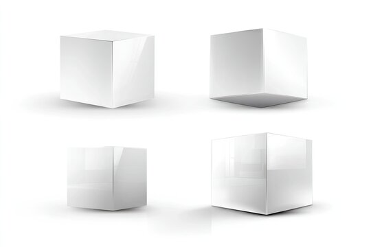 Four white glossy cubes, various perspectives
