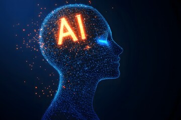 Poster - AI Concept with Digital Head, Abstract Network, Illuminated Brain, Technology Background