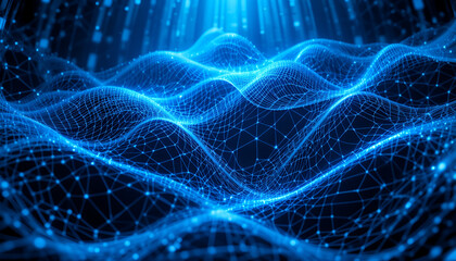 Poster - Blue illuminated polygonal network surface with data points and flowing light beams