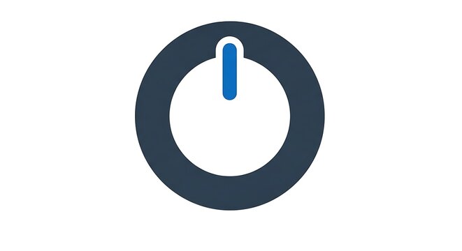 A blue and white power symbol on a white background in a simple and minimalist style graphic design