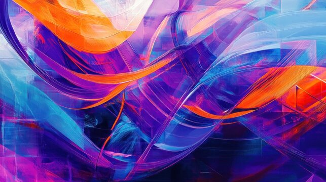 A high-energy abstract scene with vibrant neon streaks, light grids, and digital shapes in bold hues of purple, blue, and orange, evoking a sense of movement and action