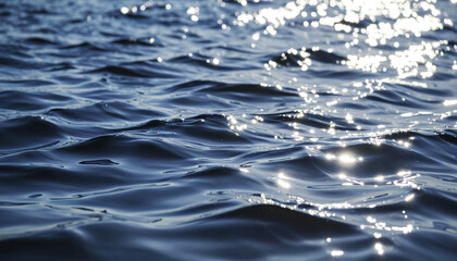 Poster - Sparkling water surface with gentle waves reflecting sunlight, creating calm and soothing atmosphere with cool blue tones and ambient natural light