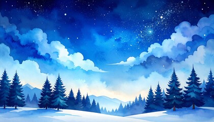 Wall Mural - clear night sky with clouds on watercolor art painting