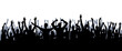 © Rudzhan - Group of cheering crowd silhouettes with raised hands in a flat graphic style, shown on a white background. Concept of celebration, unity, excitement. Vector illustration