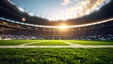 rugby stadium at sunset with full crowd and goalpost