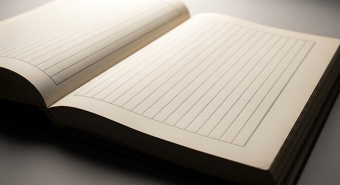 An open book with lined pages lying flat on a surface ready for writing or drawing on the pages
