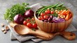 © เรืองอากร สุวรรณสุข - Fresh Organic Vegetable Salad in a Wooden Bowl with Cherry Tomatoes, Green Beans, Carrots, Red Onion, Chickpeas, and Garnishes on a Gray Table