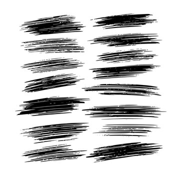 Collection of fourteen black brush strokes arranged in two columns on a white background space for text