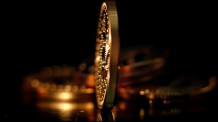 Poster - Close-up view of a bitcoin coin representing the mainstream adoption of cryptocurrency in the modern digital economy. Bitcoin Gold Close-Up – Animated Video Version