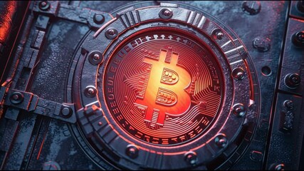 Poster - Bitcoin coin affixed to a door representing innovative security systems and the protection of cryptocurrency assets. Crypto Security System – Animated Video Version