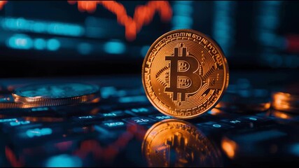 Poster - Bitcoin coin resting on a laptop computer symbolizing the role of technology in cryptocurrency trading and finance. Bitcoin on Laptop – Animated Video Version
